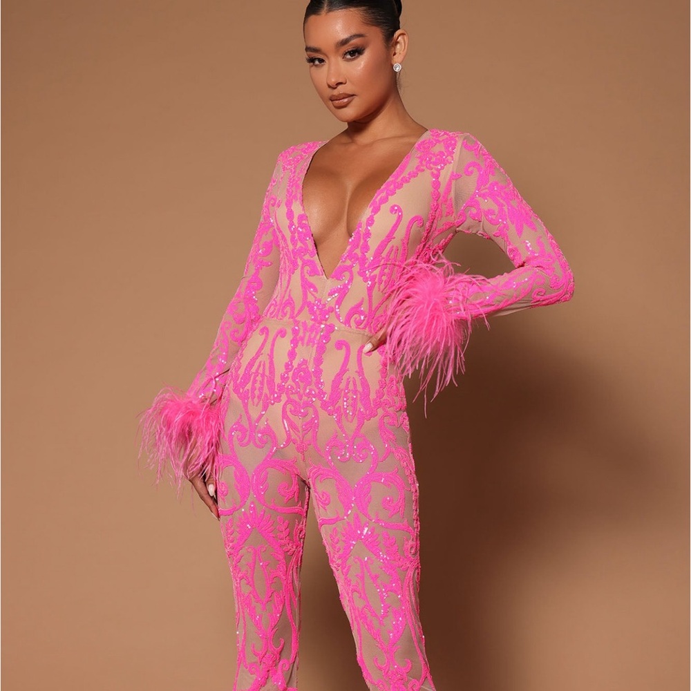 A Dancing Queen Sequin Feather Jumpsuit - Pink